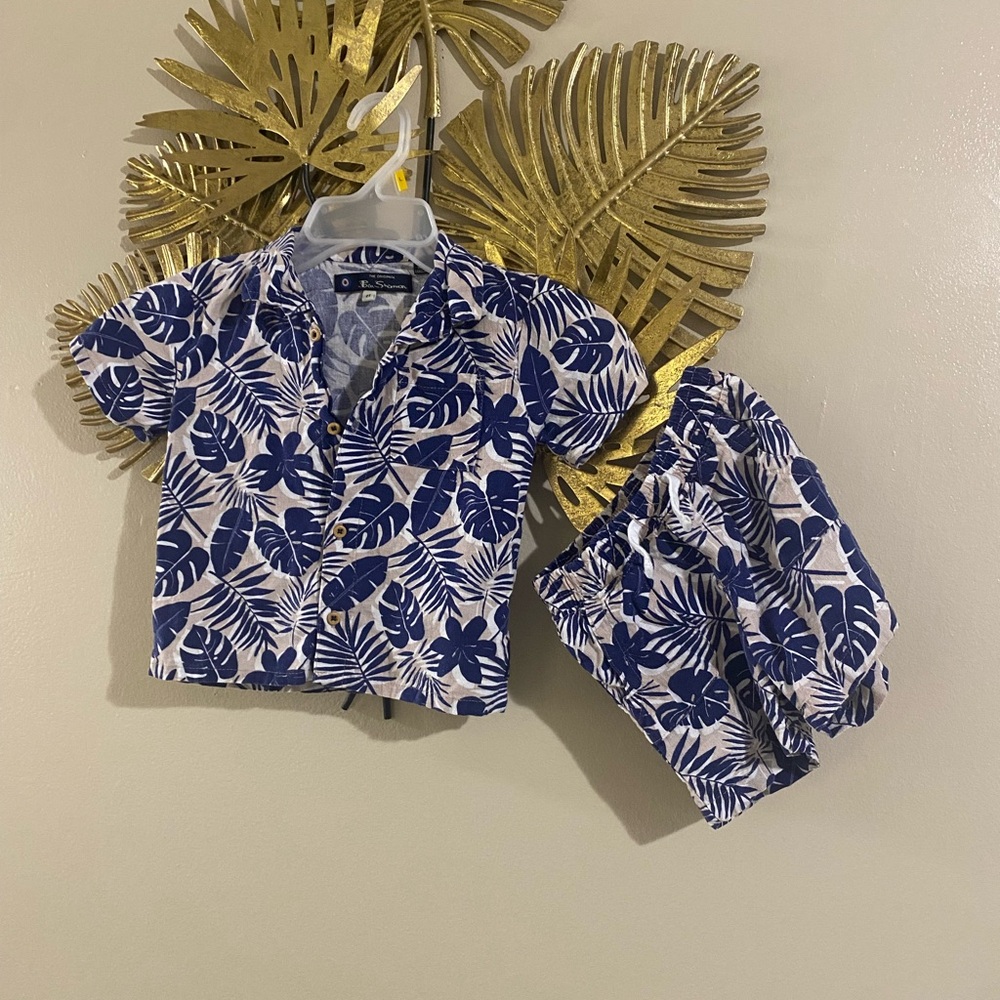 Ben Sherman Navy Leaf Print Kids Button Down Shirt & Shorts
